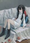  1girl absurdres black_footwear black_hair blush boots brown_eyes creature dress expressionless food fruit full_body hair_between_eyes hair_ribbon highres knees_up long_hair long_sleeves original pillow red_ribbon ribbon seed shadow solo tsurunoka white_dress 