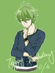  1boy amami_rantarou antenna_hair bangs closed_mouth collarbone commentary_request cropped_torso danganronpa_(series) danganronpa_v3:_killing_harmony dated ear_piercing green_background green_eyes green_hair hair_between_eyes hand_on_own_chin happy_birthday jewelry long_sleeves looking_at_viewer male_focus meipoi messy_hair necklace piercing ring shiny shiny_hair shirt short_hair simple_background smile solo striped striped_shirt thinking thumb_ring upper_body 