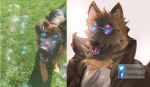  2020 anthro brown_body brown_fur bubble canid canine canis clothed clothing domestic_dog dr.whiger eyewear fur glasses hi_res male mammal meme real simple_background solo watermark 