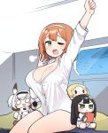  4girls :3 ;o bangs black_hair blonde_hair blush blush_stickers breasts c-33_andvari character_doll chibi cleavage green_eyes hairband highres junsuina_fujunbutsu large_breasts last_origin long_hair multiple_girls naked_shirt one_eye_closed open_mouth orange_hair shirt short_hair sleepy stretch t-10_nymph t-12_cailleach_bheur t-13_alvis tears two_side_up waking_up white_hair yawning |_| 