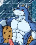  2006 4:5 anthro barazoku black_nose blue_body blue_fur canid canine canis domestic_dog erection fur genitals kemono low_res male mammal muscular muscular_anthro muscular_male penis sitting solo unknown_artist 