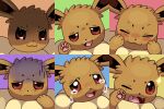  3:2 4_toes ambiguous_gender black_nose blush bodily_fluids brown_body brown_ears brown_fur crying cute_fangs eevee expression_sheet feet feral fur hi_res mklxiv neck_tuft nintendo open_mouth open_smile pawpads paws pink_eyes pok&eacute;mon pok&eacute;mon_(species) quadruped raised_paw reaction_image simple_background smile smug solo tears toes tuft video_games 