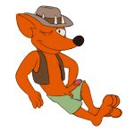  2019 anthro balls bottomwear canid canine canis clothed clothing dash_dingo dingo dragondenton erection genitals hat headgear headwear looking_at_viewer male mammal one_eye_closed open_bottomwear open_clothing open_pants open_topwear open_vest orange_body orange_penis pants penis reclining retracted_foreskin shorts smile solo the_simpsons topwear vest wink 