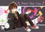  1boy ahoge bangs black_jacket black_pants brown_eyes brown_hair bullet character_name commentary_request danganronpa:_trigger_happy_havoc danganronpa_(series) full_body hand_up happy_new_year hood hoodie jacket knees_up looking_at_viewer male_focus meipoi monokuma naegi_makoto new_year open_clothes open_jacket pants pixels red_footwear shoes short_hair sitting smile sneakers tongue white_footwear 