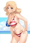  1girl a1 american_flag_bikini aqua_eyes bikini blonde_hair breasts flag_print girls_und_panzer hand_on_hip kay_(girls_und_panzer) large_breasts looking_at_viewer short_hair solo star_(symbol) striped striped_bikini swimsuit 