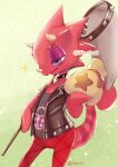  animal_crossing anthro bag clothing eyeshadow flick_(animal_crossing) half-closed_eyes holding_object horn iiimirai jacket lizard makeup male narrowed_eyes net nintendo open_mouth purple_eyes reptile scalie solo topwear video_games 