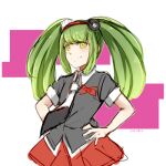  1girl bangs bear_hair_ornament black_neckwear black_shirt bow closed_mouth collared_shirt commentary_request cosplay cowboy_shot danganronpa_(series) danganronpa_another_episode:_ultra_despair_girls enoshima_junko enoshima_junko_(cosplay) green_eyes green_hair hair_ornament hands_on_hips long_hair looking_at_viewer lowres meipoi monaka_(danganronpa) necktie red_bow red_skirt shirt short_sleeves sketch skirt smile solo twintails white_neckwear yellow_eyes 