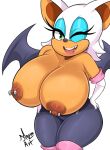  anthro big_breasts black_nose bmayyneart bodily_fluids breasts chiropteran eyelashes eyeshadow female hair hi_res huge_breasts looking_at_viewer makeup mammal nipple_piercing nipples one_eye_closed open_mouth piercing rouge_the_bat simple_background solo sonic_the_hedgehog_(series) sweat thick_thighs tongue tongue_out white_background white_hair wings wink 