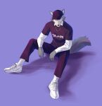  2021 4_fingers absurd_res anthro baseball_cap beastars bottomwear canid canine canis claws clawstarz clothed clothing english_text fingers footwear fur grey_body grey_fur hat headgear headwear hi_res jewelry legoshi_(beastars) long_sleeves male mammal multicolored_body multicolored_fur necklace pants purple_background shirt shoes simple_background sitting socks solo text text_on_clothing text_on_shirt text_on_topwear topwear two_tone_body two_tone_fur url wolf 