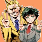  2boys all_might bangs black_hair blonde_hair blue_neckwear boku_no_hero_academia brown_jacket collared_shirt commentary_request dated double_v freckles green_eyes green_hair grey_jacket grin hand_on_another&#039;s_head jacket long_sleeves looking_at_viewer male_focus meipoi messy_hair midoriya_izuku multiple_boys necktie orange_background school_uniform shirt short_necktie simple_background smile u.a._school_uniform v 
