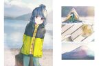  1girl beach blue_hair blurry blurry_background closed_mouth food hair_bun highres jacket lake long_hair looking_at_viewer mount_fuji noodles outdoors pants phone ramen red_eyes ringosutta shima_rin sky smile solo standing tent vest water yurucamp 