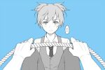  ... 1boy 1other ansatsu_kyoushitsu bangs blue_background blush collared_shirt commentary_request gloves holding holding_rope knees_up looking_at_viewer meipoi monochrome necktie pants rope shiota_nagisa shirt short_hair simple_background solo_focus spoken_ellipsis sweatdrop twintails vest 