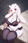  2:3 anthro bed big_breasts blush boss_monster bovid bra breasts caprine clothing female floppy_ears fur furniture hi_res horn lingerie mammal mature_anthro mature_female open_mouth overweight overweight_anthro overweight_female ring solo toriel undertale underwear video_games white_body white_fur whooo-ya 