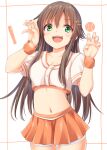  1girl :d bangs blush brown_hair claw_pose collarbone commentary_request cowboy_shot crop_top green_eyes hair_ornament hairclip hands_up himekawa_yuki hisae_(hisae_collect) idolmaster idolmaster_cinderella_girls long_hair looking_at_viewer midriff miniskirt navel open_mouth orange_skirt pleated_skirt shirt short_sleeves skirt smile solo standing stomach white_background white_shirt wristband 
