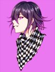  1boy bangs checkered checkered_background checkered_neckwear checkered_scarf commentary_request danganronpa_(series) danganronpa_v3:_killing_harmony face from_side grin hair_between_eyes long_sleeves looking_at_viewer male_focus meipoi ouma_kokichi pink_background pink_eyes profile purple_eyes purple_hair scarf shiny shiny_hair short_hair simple_background smile solo 