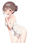  1girl absurdres bare_shoulders blush breasts brown_hair cowboy_shot hair_bun highres leaning_forward looking_at_viewer medium_breasts naked_towel original rubyaano_(ducl323) short_hair silver_eyes simple_background smile solo standing towel white_background white_towel 