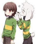  asriel_dreemurr big_ears blush bovid braided_hair braiding_hair brown_hair caprine chara_(undertale) clothed clothing duo goat hair happy human male mammal monster musical_note personal_grooming porygonleft red_eyes simple_background styling_hair undertale video_games white_background young 