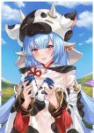 1girl animal_ears animal_print blue_hair blue_sky blush bottle breasts cloud commentary cow_ears cow_hat cow_horns cow_print day detached_sleeves draph earrings eyebrows_visible_through_hair granblue_fantasy highres horns jewelry long_hair looking_at_viewer milk_bottle open_mouth red_eyes shatola_(granblue_fantasy) sheer_clothes shiao sky smile solo 