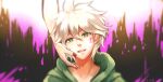  1boy 1girl bangs blood blood_on_face blurry commentary_request danganronpa:_trigger_happy_havoc danganronpa_(series) danganronpa_2:_goodbye_despair dated depth_of_field enoshima_junko face green_eyes green_jacket grey_hair hand_on_another&#039;s_cheek hand_on_another&#039;s_face hood hooded_jacket jacket komaeda_nagito meipoi pink_blood portrait red_nails short_hair smile solo_focus upper_teeth 