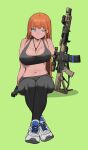  1girl ar-15 bangs black_gloves black_pants black_sports_bra blue_eyes blush breasts cleavage commentary_request crossed_ankles english_commentary eyebrows_visible_through_hair full_body gloves gun highres invisible_chair jewelry large_breasts long_hair midriff navel necklace orange_hair original pants pendant rifle scope shoes sitting sling sneakers solo sports_bra sweat tttatical underbarrel_shotgun weapon white_footwear yoga_pants 