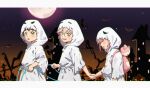  1girl 2boys backpack bag bangs blue_ribbon blush brown_eyes brown_hair cat_bag child commentary_request danganronpa_(series) danganronpa_2:_goodbye_despair from_side ghost_costume grey_hair hinata_hajime holding holding_hands holding_ribbon komaeda_nagito letterboxed light_brown_hair meipoi moon multiple_boys nanami_chiaki night open_mouth outdoors pink_bag ribbon short_hair sleeping sleeping_upright smile sweatdrop younger 