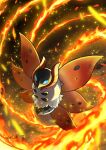  artist_name blue_eyes bug commentary_request enishi_(menkura-rin10) fire from_above gen_5_pokemon highres insect moth no_humans pokemon pokemon_(creature) solo volcarona watermark white_fur 