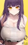  1girl bangs blunt_bangs blush breasts cleavage closed_mouth dated eyebrows_visible_through_hair highres huge_breasts long_hair looking_at_viewer mine_(wizard) name_tag one-piece_swimsuit original purple_hair simple_background skindentation solo swimsuit twitter_username upper_body wet wet_clothes wet_swimsuit white_swimsuit yellow_background yellow_eyes 