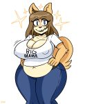  absurd_res anthro belly big_breasts bottomwear breasts canid canine canis cleavage clothed clothing curvy_figure darkwolfhybrid denim denim_clothing domestic_dog female hands_on_hips hi_res huge_breasts jeans june_(jinu) looking_at_viewer mammal mature_female navel nipple_outline nipples overweight overweight_anthro overweight_female pants shiba_inu shirt smile solo spitz teeth_gap thick_thighs topwear voluptuous wide_hips 