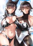  2girls animal_ears atago_(azur_lane) atago_(stunning_speedster)_(azur_lane) azur_lane bangs bare_shoulders bikini black_bikini black_hair black_legwear blue_sky blunt_bangs blush bodystocking bow breast_press breasts cleavage cleavage_cutout closed_mouth clothing_cutout cloud cowboy_shot day dog_ears elbow_gloves english_commentary extra_ears eyebrows_visible_through_hair gloves groin hair_between_eyes hair_bow hair_flaps hair_ribbon hand_on_another&#039;s_waist highleg highleg_bikini highres kymp large_breasts lens_flare leotard light_rays logo long_hair looking_at_viewer midriff mole mole_under_eye multicolored_leotard multiple_girls navel navel_cutout pantyhose ponytail race_queen ribbon shiny shiny_clothes shrug_(clothing) side-by-side sidelocks skindentation sky smile standing sunbeam sunlight swept_bangs swimsuit takao_(azur_lane) takao_(full_throttle_charmer)_(azur_lane) thighband_pantyhose thighhighs two-tone_bikini two-tone_leotard underboob white_bow white_gloves white_ribbon white_sleeves 
