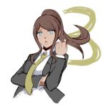  1girl :o asahina_aoi bangs black_jacket blue_eyes breasts brown_hair brown_neckwear collared_shirt cropped_torso danganronpa_(series) danganronpa_3_(anime) dark_skin dark_skinned_female floating_hair formal hand_up high_ponytail jacket long_hair long_sleeves looking_at_viewer lowres meipoi necktie open_clothes open_jacket open_mouth ponytail shirt smile solo upper_body white_shirt 