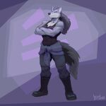  1:1 absurd_res anthro biped boots bottomwear canid canine canis clothing countershade_face countershade_torso countershading crossed_arms footwear fur greasymojo grey_body grey_fur hi_res hoodie_around_waist male mammal plantigrade solo topwear white_body white_fur wolf 