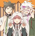  1girl 2boys :d ahoge animal_ears bangs blood bloody_clothes blunt_bangs blush chain claw_pose collar commentary_request danganronpa_(series) danganronpa_2:_goodbye_despair fang flipped_hair ghost_costume glasses green_eyes green_jacket green_neckwear grey_shirt hinata_hajime holding holding_chain hood jacket kemonomimi_mode komaeda_nagito long_sleeves looking_at_viewer meipoi metal_collar multiple_boys nanami_chiaki necktie open_clothes open_jacket open_mouth pink_blood pink_eyes pink_hair ribbon shirt short_hair smile striped sweatdrop upper_body wolf_ears 