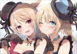  2girls :d ;) animal_ears bangs bare_shoulders black_bow black_gloves black_headwear black_neckwear black_ribbon blonde_hair blue_eyes blue_hair blush bow braid breasts cat_ears cat_girl choker cleavage collarbone commentary_request dated eyebrows_visible_through_hair final_fantasy final_fantasy_xiv gloves gradient_hair hair_between_eyes hands_on_another&#039;s_shoulders hat hat_bow hat_feather hat_ornament heart heart_ring highres long_hair looking_at_viewer medium_breasts miqo&#039;te multicolored_hair multiple_girls neck_ribbon one_eye_closed open_mouth orange_hair pink_eyes ponytail ribbon side_braid signature simple_background sleeveless slit_pupils smile upper_body whisker_markings white_background yana_mori 