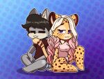  alexandra_(velocitycat) anthro canid canine canis cheetah clothed clothing duo felid feline female fluffy fur hair looking_at_viewer male male/female mammal nicky_(nicky_illust) nicky_illust romantic_couple simple_background smile tail_fetish tail_play wolf 