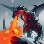  1other absurdres breathing_fire commentary corpse death dragon english_commentary fire glowing glowing_eyes gradient gradient_background grey_background highres holding holding_sword holding_weapon kalmahul original scenery snow sword torn_wings weapon western_dragon wings 