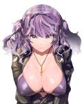  1girl antenna_hair between_breasts bikini breasts bullet_necklace camouflage covered_nipples hair_intakes highres jewelry large_breasts leaning_forward long_hair looking_at_viewer military military_uniform necklace open_clothes original purple_bikini purple_eyes purple_hair shiny shiny_skin solo swimsuit tttatical uniform upper_body v_arms white_background 