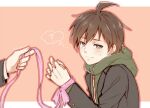  1boy 1other ? ahoge bangs black_jacket blush bound bound_wrists brown_hair commentary_request danganronpa:_trigger_happy_havoc danganronpa_(series) from_side green_hoodie hand_up hood hoodie jacket letterboxed long_sleeves looking_at_viewer male_focus meipoi naegi_makoto pink_ribbon ribbon simple_background smile solo_focus spoken_question_mark sweatdrop upper_body 