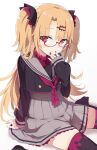  1girl akatsuki_uni alternate_costume bespectacled commentary_request glasses gochou_(atemonai_heya) hair_ornament hairclip highres looking_at_viewer red_eyes school_uniform simple_background sitting smile solo thighhighs uni_create virtual_youtuber white_background 