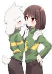  asriel_dreemurr big_ears blush bovid caprine chara_(undertale) child duo eyes_closed fur goat hi_res holding_shoulders human male mammal monster porygonleft undertale video_games white_body white_fur young 