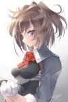  1girl ascot blue_eyes brown_hair commentary_request dated flower gloves gradient gradient_background grey_background kantai_collection long_hair looking_at_viewer military military_uniform nigo red_flower red_neckwear red_rose rose sheffield_(kantai_collection) signature solo uniform white_background white_gloves 