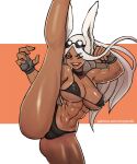  2020 abs animal_humanoid athletic athletic_female athletic_humanoid bikini bodily_fluids breasts brown_body brown_skin clothed clothing ezzyecchi female hair hi_res humanoid lagomorph lagomorph_humanoid leporid_humanoid mammal mammal_humanoid miruko muscular muscular_female my_hero_academia one_eye_closed rabbit_humanoid raised_leg solo sweat swimwear text url white_hair 