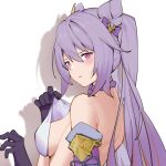  1258198013 1girl bare_shoulders blush bow breasts double_bun dress_pull from_side genshin_impact gloves hair_bow hair_bun half-closed_eyes highres keqing lifted_by_self medium_breasts purple_eyes purple_hair sideboob solo twintails upper_body yuya_(1258198013) 