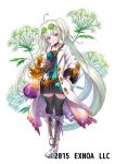  1girl ahoge black_legwear black_neckwear boots choker coat cross-laced_footwear dress eyewear_on_head flask flower flower_knight_girl full_body grin hemlock_(flower_knight_girl) knee_boots lace-up_boots light_green_hair long_hair looking_at_viewer mataichi_mataro multicolored multicolored_clothes multicolored_dress object_namesake official_art purple_eyes purple_ribbon ribbon simple_background smile solo standing thighhighs twintails white_background white_coat white_footwear zettai_ryouiki 