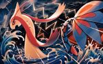  cloud commentary_request gen_3_pokemon lightning milotic mofge no_humans open_mouth outdoors pokemon pokemon_(creature) rain red_eyes solo storm swimming water 