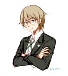  1boy bangs black_jacket blonde_hair blue_eyes brown_hair closed_mouth collared_shirt commentary_request cropped_torso crossed_arms danganronpa:_trigger_happy_havoc danganronpa_(series) dated formal glasses hair_between_eyes jacket long_sleeves looking_at_viewer male_focus meipoi necktie round_eyewear shirt short_hair simple_background sketch solo togami_byakuya upper_body white_background white_shirt wing_collar 