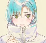  1girl bangs blue_hair blush brown_background eyebrows_visible_through_hair green_eyes hair_between_eyes hair_ornament hairclip hand_up heremia high_collar highres jacket looking_at_viewer original parted_bangs parted_lips portrait simple_background solo white_jacket 