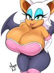  anthro big_breasts black_nose bmayyneart breasts chiropteran cleavage clothed clothing eyelashes eyeshadow female hair hi_res huge_breasts looking_at_viewer makeup mammal rouge_the_bat simple_background solo sonic_the_hedgehog_(series) thick_thighs tongue tongue_out white_background white_hair wings 
