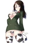  1girl animal_print artist_name bikini black_hair blue_eyes blush breasts cameltoe chinese_zodiac covered_nipples cow_print cow_tail dated eyebrows_visible_through_hair fake_tail girls_und_panzer groin highres kuzuryuu_kennosuke large_breasts looking_at_viewer looking_down micro_bikini military military_uniform nonna_(girls_und_panzer) pravda_military_uniform shiny shiny_hair shiny_skin simple_background solo standing swimsuit tail thighhighs uniform white_background year_of_the_ox 