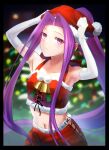  1girl armpits arms_behind_head arms_up bangs bare_shoulders breasts collarbone elbow_gloves fate/grand_order fate_(series) forehead fur-trimmed_headwear fur_trim gloves hat long_hair looking_at_viewer medusa_(lancer)_(fate) midriff minami_koyogi navel parted_bangs ponytail purple_eyes purple_hair red_skirt santa_costume santa_hat sidelocks skirt small_breasts very_long_hair white_gloves 