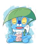  2_toes 3_fingers 3_toes ambiguous_gender blue_background blue_body duo feet feral fingers froakie hi_res leaf legendary_pok&eacute;mon looking_up_at_another mew nintendo open_mouth pink_body pok&eacute;mon pok&eacute;mon_(species) raining simple_background slight_blush toes tongue video_games white_background yellow_eyes ちゃば 